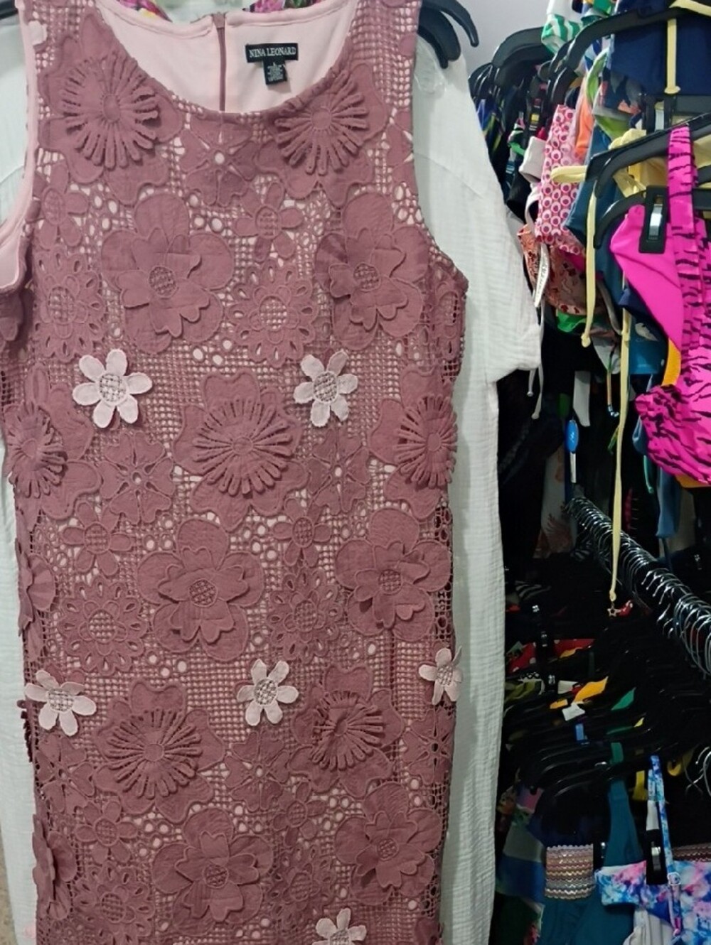 NINA LEONARD Dusty Rose Floral Crochet Midi Dress SIZE Large NWT - Picture 5 of 7